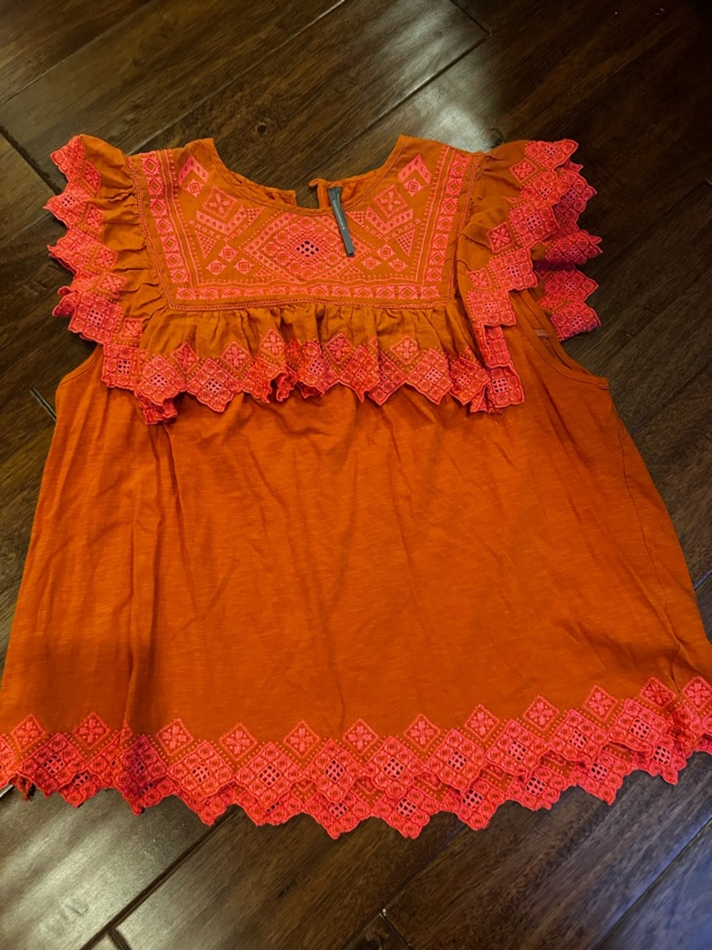Anthropologie Orange and Coral Embroidered Ruffle Sleeveless Blouse
